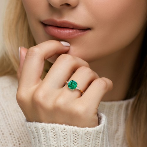 14k Gold 2 Ct Cushion Lab Grown Emerald & Kite Diamond Ring for Women - Picture 3 of 8