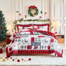 Red Black Plaid Christmas Duvet Cover Set Queen Size 3 Pieces Holiday Bedding wi