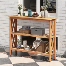 39 inchs 3-Tiers Storage Outdoor Patio Console Table Solid Wood Adjustment Feet