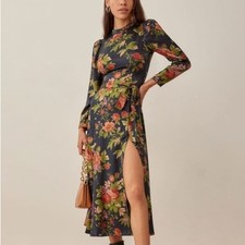 Reformation Julius Silk Dress in Cottage Garden Navy Blue Floral Long Sleeves 6