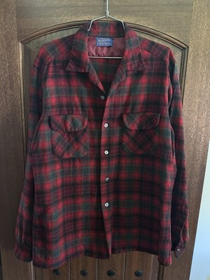 Vintage 1960 60s Pendleton Wool Board Flannel Plaid Loop Collar Flap Pockets L