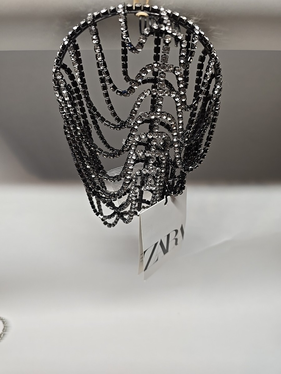 Zara Gothic Choker Necklace Silver Chain Mesh Rhinestone