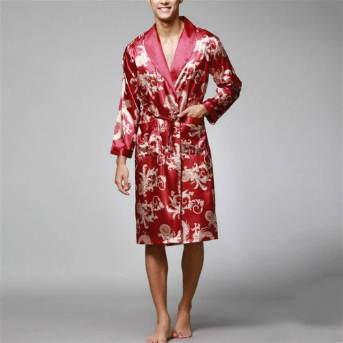 Men Satin Pajamas Robe Dragon Bathrobe Dress Gown Kimono Night Loungewear - Bild 14 von 20