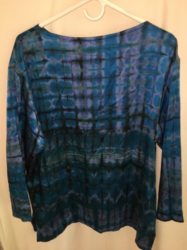 WOMENS BLUE PURPLE BLACK TIE DYE 100% SILK BLOUSE SHIRT TOP TUNIC SIZE M L 44" - Picture 3 of 5