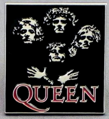 Queen pin badge. Bohemian Rhapsody. Black and silver with red writing. Metal