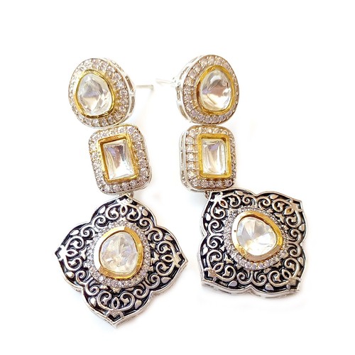 Ethnic premium Black Meenakari Kundan Polki Diamond Drop Earring Teardrop Studs - Picture 8 of 11