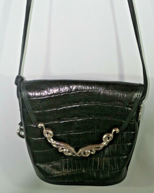 Brighton Black Leather Crossbody Handbag Purse Silvertone Accents