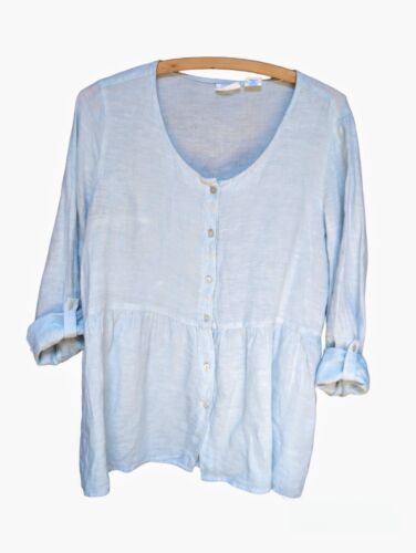Sigrid Olsen Rollärmel babyblau Knopfleiste Leinenbluse Damengröße SMALL