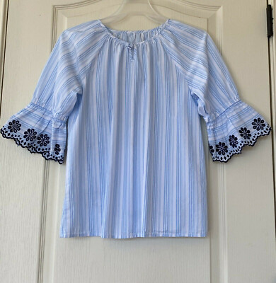 Girls Blouse with 3/4 Sleeve Eyelet Embroidered Ruffles, Blue and White Striped