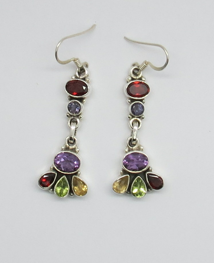 925 Sterling Silver Earrings Natural Gemstone Multi Color Stone Earring 01  Pair