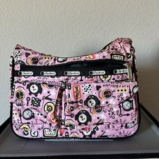 LeSportsac Shoulder Bag Crossbody Black Pink Watch Tick Tock
