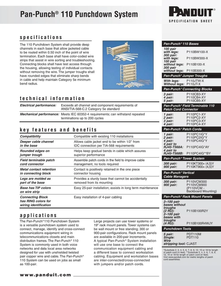 PANDUIT 110 BASE PERFURADA COM PERNAS PARA SISTEMAS PAN-PUNCH P110BW100-X Caixa de 10 - Imagem 2 de 4