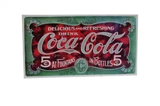 1993 Coca Cola Tin Sign 5 Cents @ Fountains In Bottles 