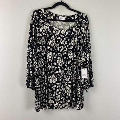 Croft & Barrow Printed 3/4-Sleeve Pleated Round Neck Top Size 2X Black Floral