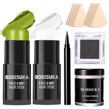 Light Green White Face Body Paint Stick Kit with Black Eyeshadow, Black Liquid