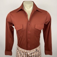 Vintage 70s Van Heusen Shirt Splendor Stretch Polyester Disco Rust Mens Medium
