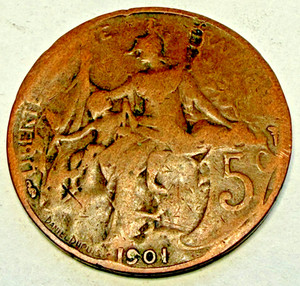 1901 France 5 Centimes Coin