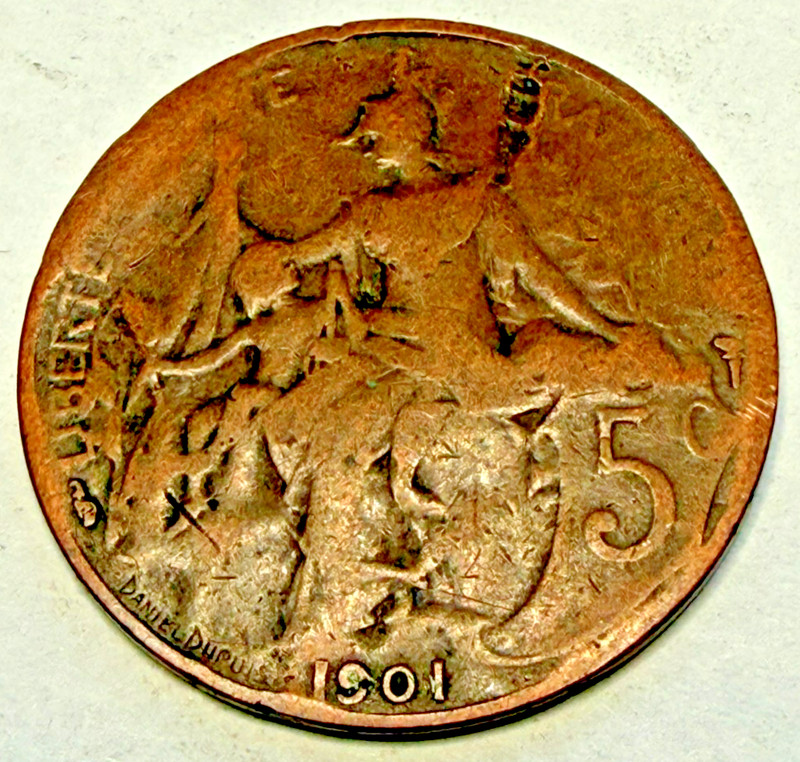 1901 France 5 Centimes Coin