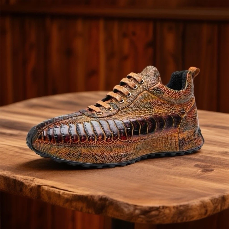 Tenis informales de cuero de avestruz genuino para hombre, zapatos informales de cuero exótico de lujo para hombre Foto 4 de 4