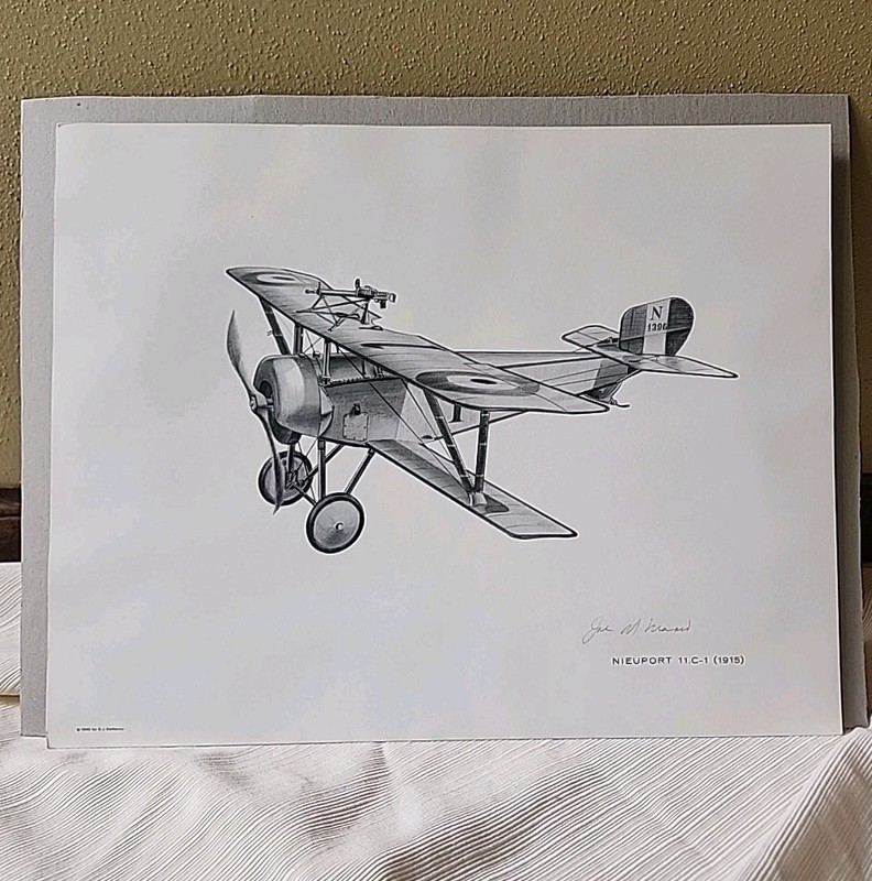 Vintage 1960's S.J. DeMarco Pencil Drawing Signed Aviation Airplane Print NIEUPO