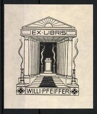 Bookplate of Willi Pfeiffer, temple with altar and stairs