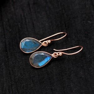 Authentic Natural Labradorite Pear Dangle Earrings Rose Gold Plated Solid Silver Jewelry