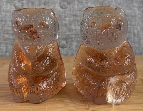 Vintage Set of 2 Blenko Peach Art Glass Bear Figurine Decorative Glossy Finish
