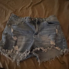 Distressed Blue Denim Cut Off Shorts, Fringe Hem, 5-Pocket, Button Closure
