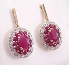 Lab-Created Red Ruby 14K Yellow Gold Plated 3Ct Oval Cut Cluster Drop Earrings