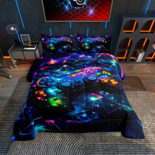 Kids Gamer Comforter Set Twin Size, Galaxy Gaming Bedding Set Glitter Game Comfo
