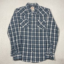 Levi's Shirt Mens Medium Pearl Snap Blue Plaid Long Sleeve Modern Western