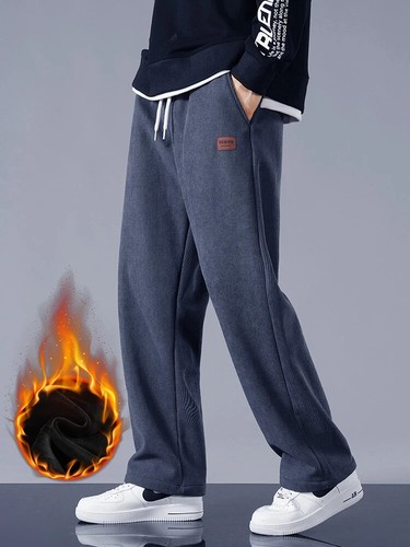 Men Drawstring Fleece Lined Thick Warm Wide Leg Straight Casual Pants Male New