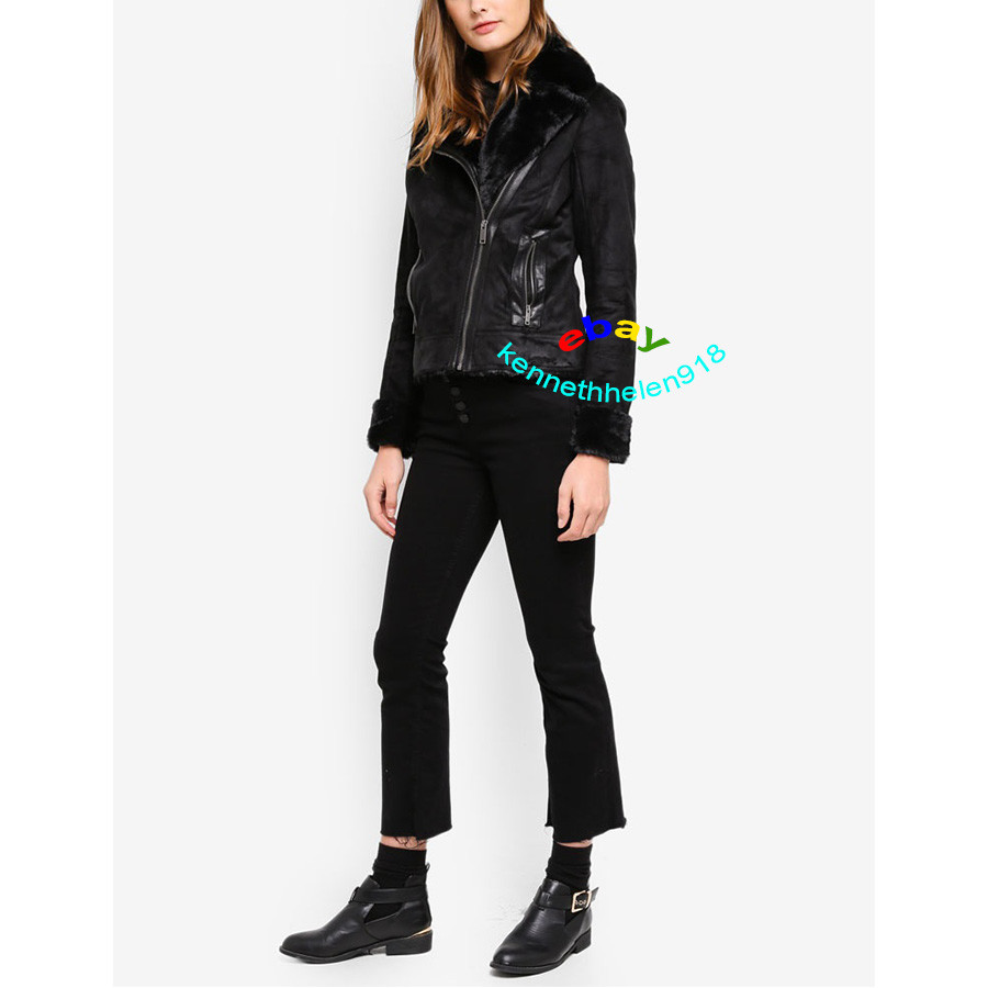 HOLLISTER FAUX SHEARLING BIKER JACKET COAT BLACK WOMENS SIZE