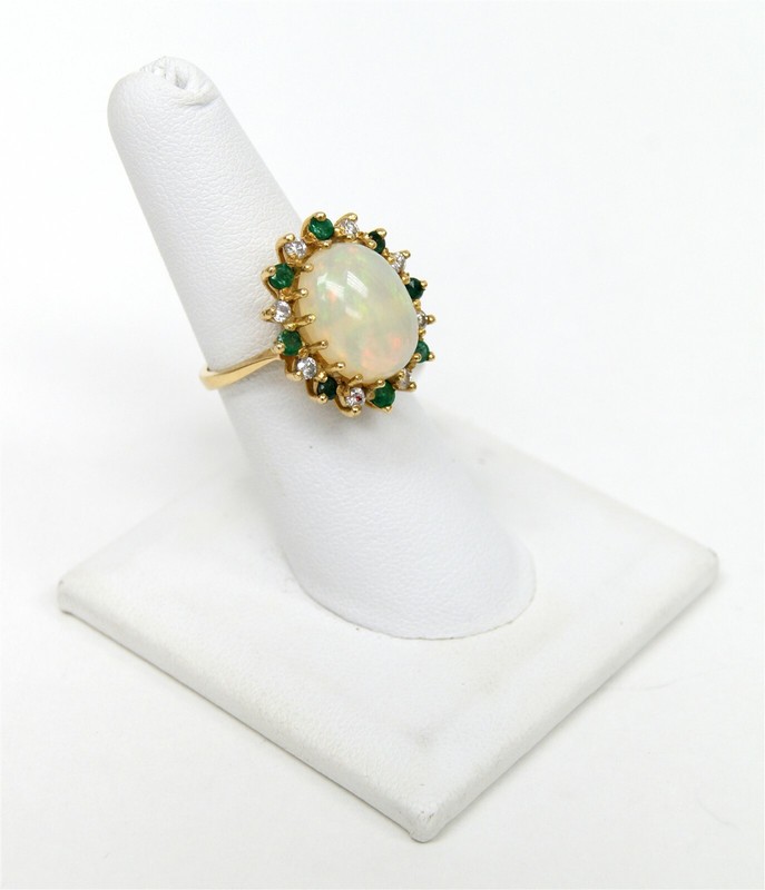 14k Yellow Gold Ring w 14.4mm x 11.8mm Opal + 1/3cttw Diamond & Emerald Halo