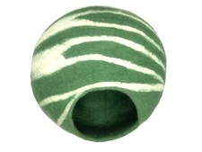Green Felted Cat Cave With White Stripes Wool Cat House Soft Warm Cat Cocoon