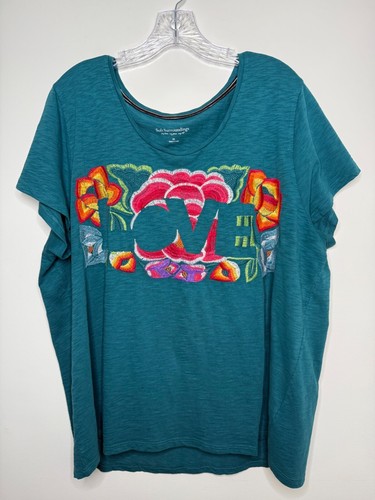 Soft Surroundings Women's 2x Teal Embroidery Love Short Sleeve T-shirt see notes