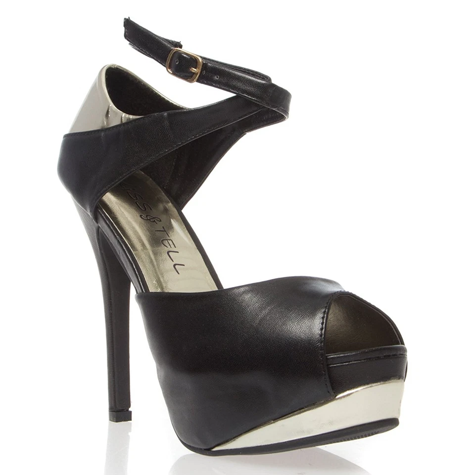 Nueva sandalia para mujer Peep Toe entrecruzada con correa en el tobillo bomba tacón de aguja plataforma Foto 2 de 4