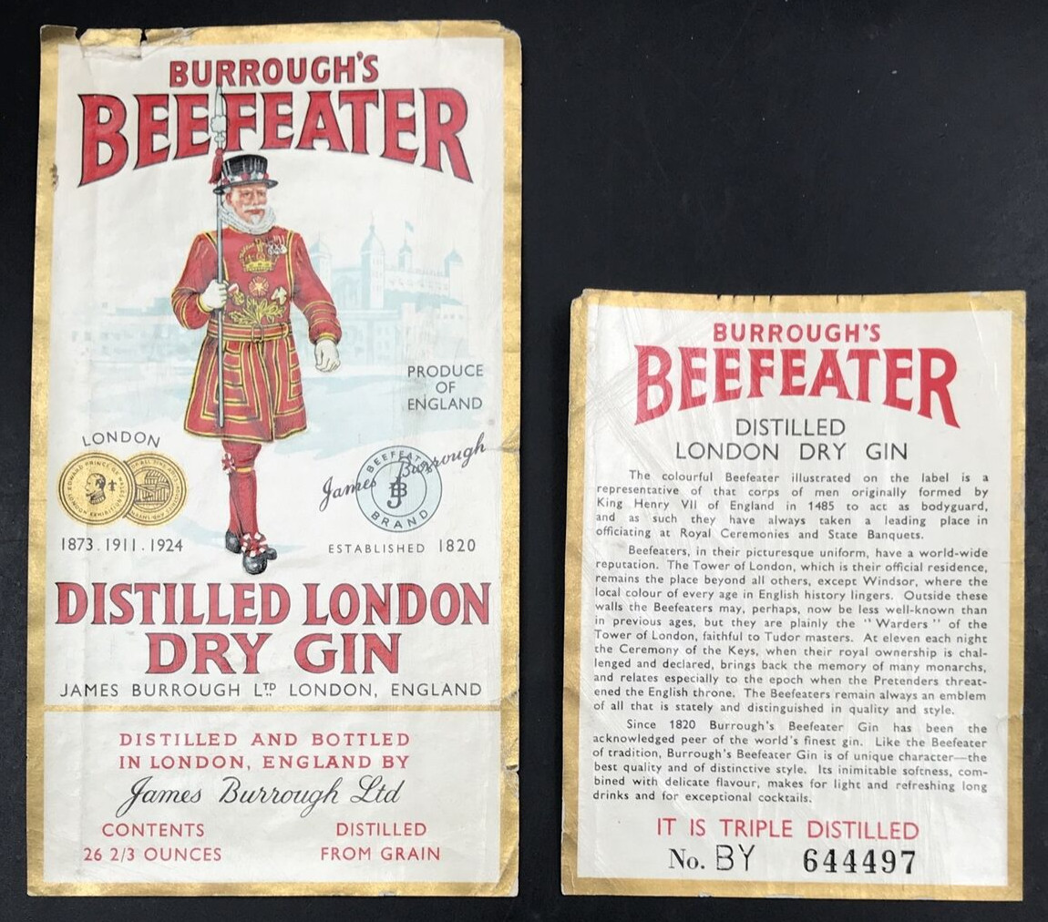 2 Diff VTG Original Burrough's Beefeater London Dry Gin Liquor Bottle Labels