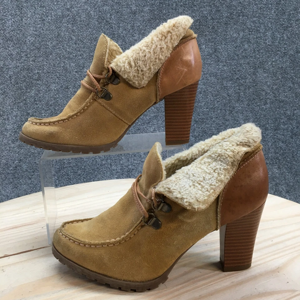 Botas talladas con volantes para mujer 7 M botín al tobillo sauce marrón gamuza piel de oveja tacones cubanos Foto 2 de 4