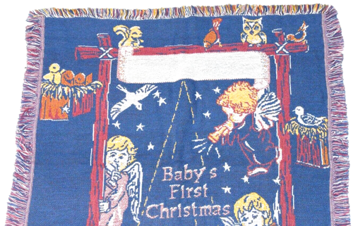 VTG Throw Blanket Fringe Baby's First Christmas Manger Scene 50"x35" Cotton - Picture 2 of 10