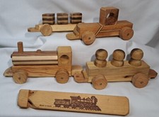 Wood Train Set Wooden Handmade Inlay 10 Pieces  Bonus Whistle Engine Caboose
