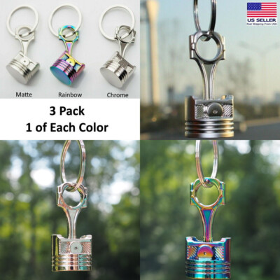 3x Lot - Piston Keychain Connecting Rod 3D - Rainbow Chrome & Matte Silver - Big