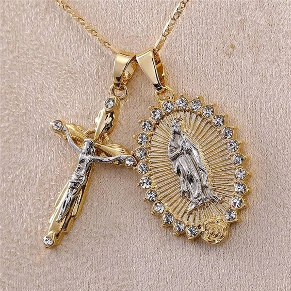 Men Gold Filled Cross Crucifix Necklace Virgin Mary Crucifix