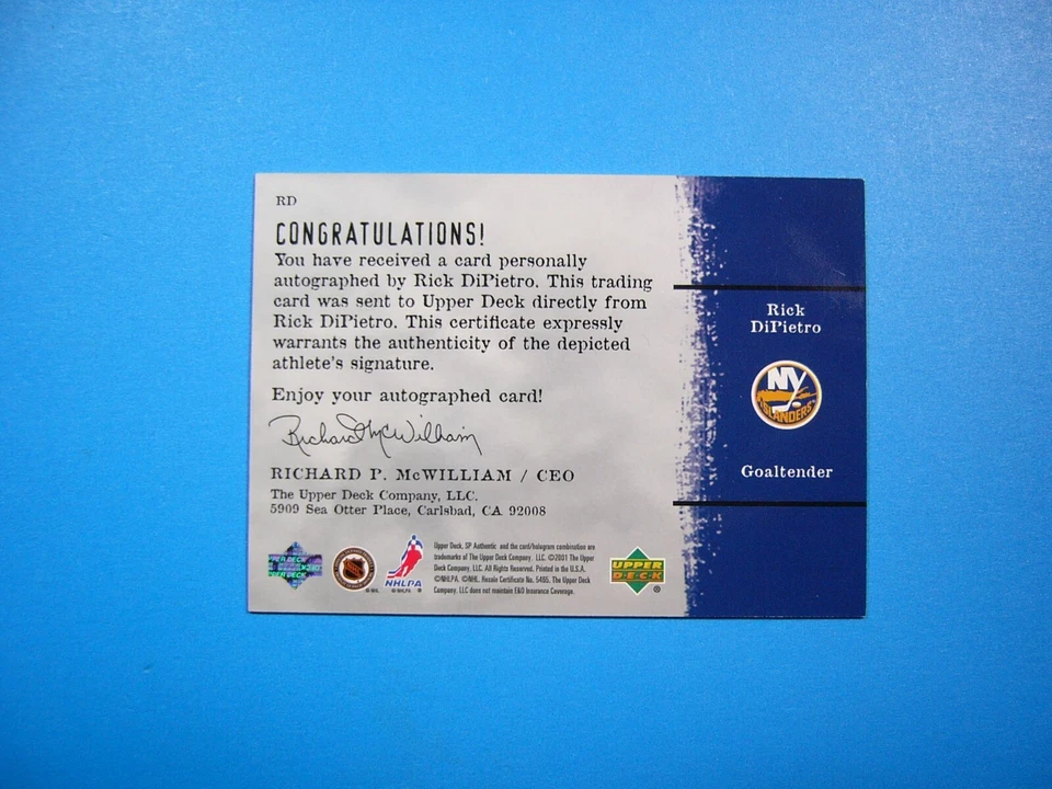 2000/01 UPPER DECK SIGN OF THE TIMES CARD #RD RICK DIPIETRO NM AUTO AUTOGRAPH - Image 2 of 2