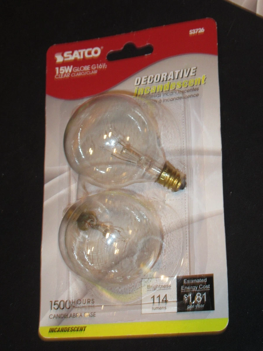 2 Satco S3726 120V Candelabra Base 15 Watt G16.5 Light Bulb Clear