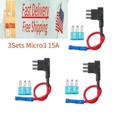 12V Car Fuse Tap Add a Circuit Adapter & 3pcs 15A Micro3 ATL Blade Fuse US 3pcs