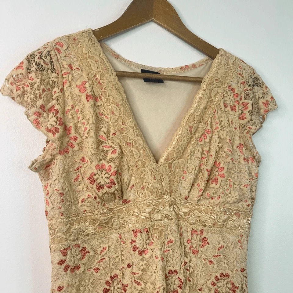 JTB Romántico Coqueta Encaje Floral Babydoll Encaje Beige Rosa Cuello en V Top Para Mujer’s M Foto 2 de 4