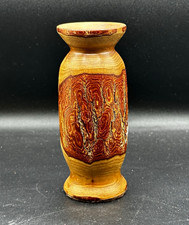 Handcrafted Turned Wooden Vase Brown Natural Wood Grain Bark Accent Approx 6 in