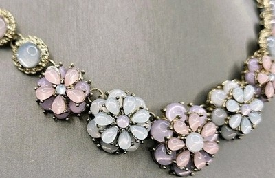 Betsey Johnson Pink Blue Flower Necklace Cluster Layered Daisy Chain Gold Tone 