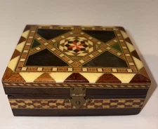 Vintage Marquetry Jewelry Trinket Box Lacquered Mosaic Wood Inlay